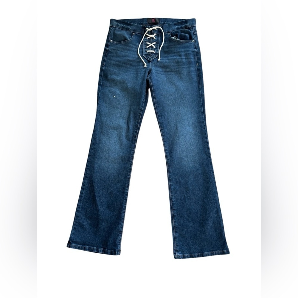 NOBO High Waisted Lace Up Jeans Sz L-11/13 Flare Hem Dark Stretch Denim New NWOT
